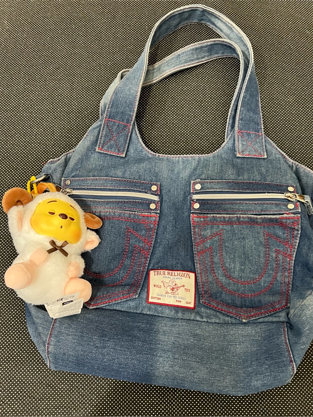 True Religion Denim Tote with Contrast Stitching and Charm